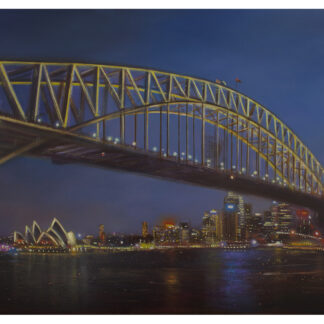 A painting of the Sydney Harbour Bridge at night with the Sydney Opera House in the background and city lights reflecting on the water. By Lesley Anne Derks